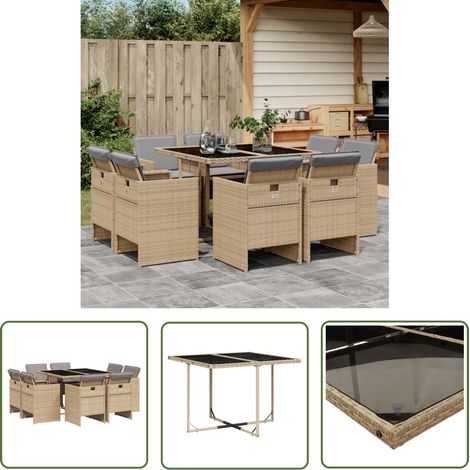 The Living Store 9-tlg. Garten-Essgruppe mit Kissen Beigemischung Poly Rattan - Gartentisch - Esstisch - Gartenmöbel Set - Outdoor Möbel - Terrassenmöbel (1/5)