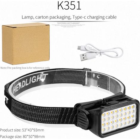 Lampe frontale rechargeable USB - Portable - Lampe torche à batterie intégrée - Lampe frontale pour la pêche et le camping