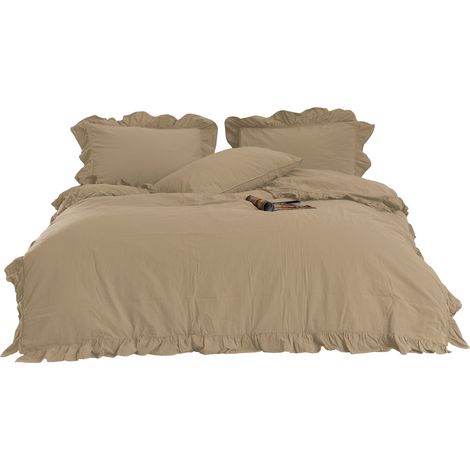 Bettwäsche-Set 160x200 cm, 100 % gekräuselte Baumwolle mit Rüschen, Akdeniz Hellbeige (1/5)