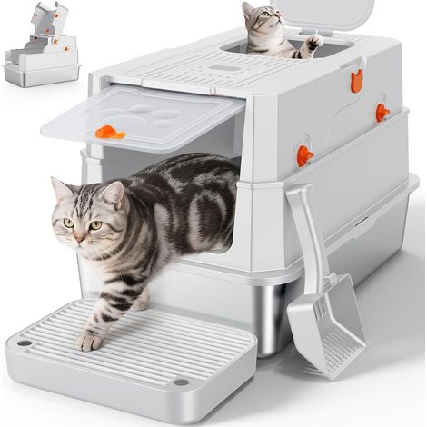 XXL Stainless Steel Cat Litter Tray with Lid, Two-Door Stainless Steel Cat Litter Tray, Closed Tray with Scoop, Easy to Clean, Suitable for Large Cats (1/5)