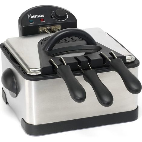 Friteuse électrique XL 2000W – Volume 4,5L – Acier inoxydable brossé – 3 paniers avec cuve émaillée et filtre d’évacuation – Bestron