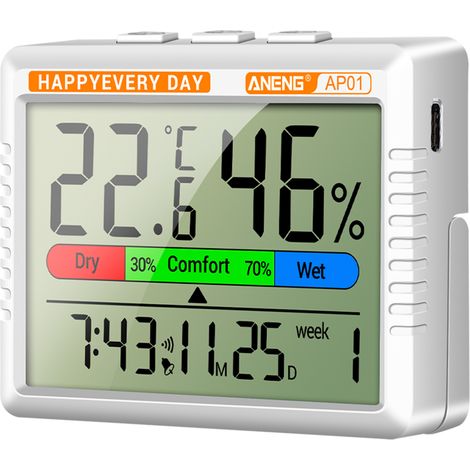 Thermomètre-hygromètre multifonctionnel rechargeable avec fonction réveil, calendrier, affichage de la semaine, rappel de confort, fonction snooze de 5 minutes et rétroéclairage. (1/5)