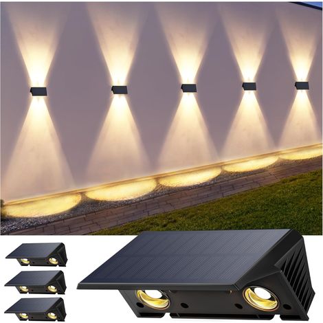 wandleuchte solar außen solar wandleuchte aussen solarlampen Nach Oben und Unten Beleuchtet 4 LEDs IP67 Wasserdichte Solarleuchte für Garten Balkon Terrasse Treppen Warmweiß 4er (1/5)