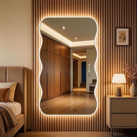 Hasipu Badspiegel mit Beleuchtung 139x91 cm, LED Badezimmerspiegel Wellenform Wandspiegel, Beschlagfrei Bad Spiegel mit Touch-Schalter, 3 Lichtfarben Dimmbar