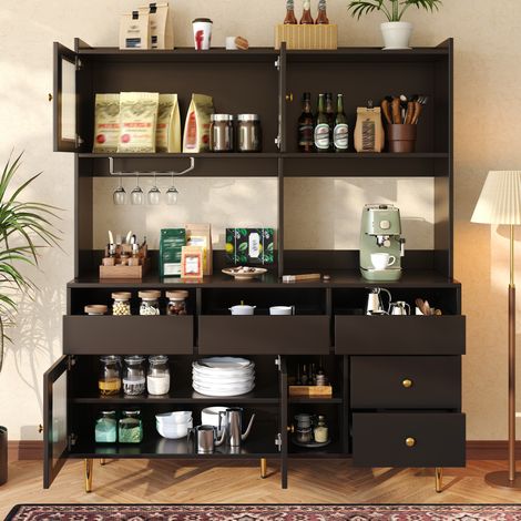 meuble rangement buffet vitrine haute 145 cm MDF noir OKMYHOME (1/5)