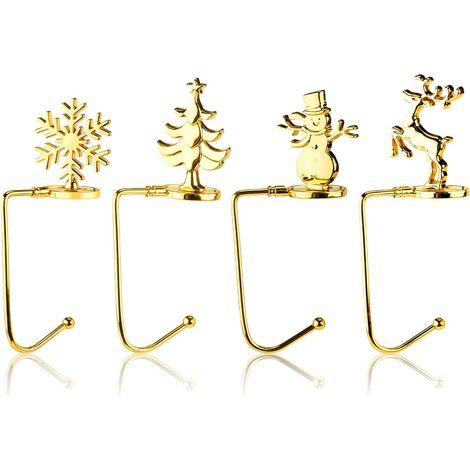 4 Pièces Supports de Chaussettes de Noël, Or,Arbre de Noël Élan Flocon de Neige Métal Porte Bas Décoratif Crochets de Chaussettes de Noël Cintres (1/5)