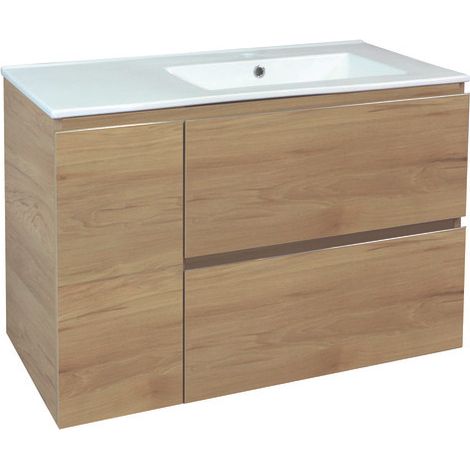 ONDEE ZEN - Meuble de salle de bain suspendu TRENDY - 2 Tiroirs 1 Porte - 90cm - bois mat - vasque