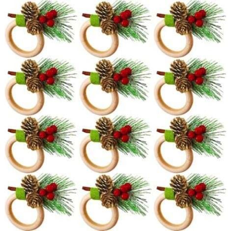 Set mit 12 hölzernen Serviettenringen mit Tannenzapfen, Weihnachtssternen, Kürbissen – Dekorationen für Weihnachten, Thanksgiving und Geburtstagsfeiern