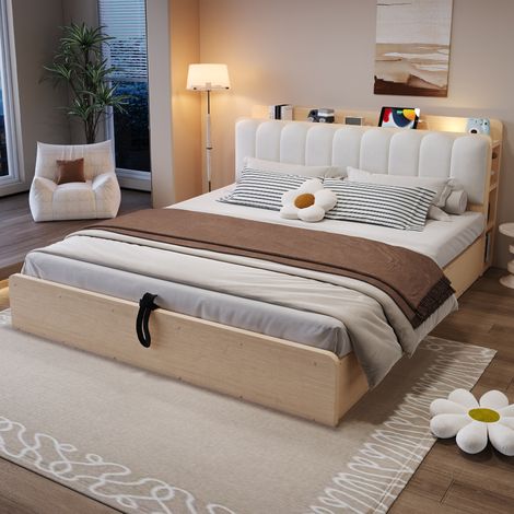Lit en bois plateforme 180x200 cm, sommier hydraulique avec rangement, tête de lit rembourrée avec étagère et tiroir, port USB pour veilleuse, teinte bois naturel. (1/5)