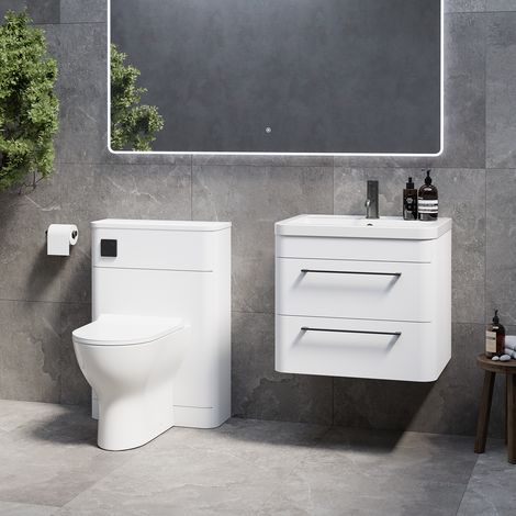 Oslo Gloss White 1150mm Wall Mounted Vanity Unit Toilet Suite with Leni Basin - 1150mm - Gunmetal Grey 320mm HandleWith Jubilee Toilet Pan and Seat