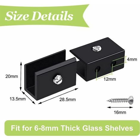 Pince à Verre, 4 Pièces de Support d'Étagère en Verre Murale Support Tablette Verre Noir, Fixation Tablette Verre Réglable en Alliage d'Aluminium, Pour Verre de 6 à 8 mm d'Épaisseur (1/4)