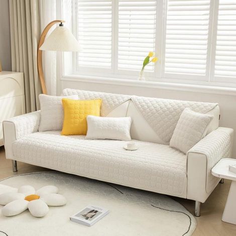 Housse de canapé douce en velours côtelé antidérapante pour canapés 2-4 places (Beige Blanc, 90x240cm)