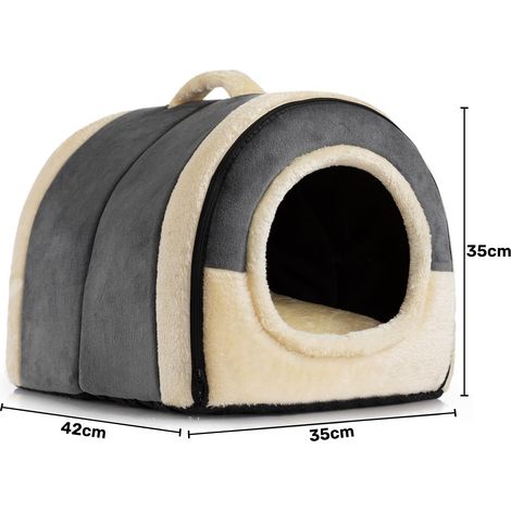 Niche douillette et confortable pour chat - Maison fermée pour petit animal avec coussin amovible et poignée de transport - Gris et beige (1/5)