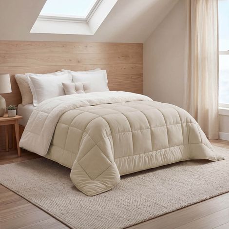 Manta sherpa termorreguladora 220 x 240 cm 400gr/m² doble cara verano/invierno crudo y beige (1/5)