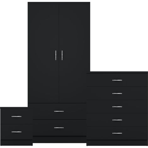 Riano 3 Piece Bedroom Set (2 Drw Bedside Chest, 5 Drw Chest, 2 Dr 2 Drw Wardrobe), Black (1/3)