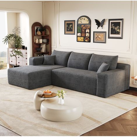 Ecksofa 241 cm dunkelgrau aus Cordstoff mit Chaiselongue, ohne Montage (1/5)