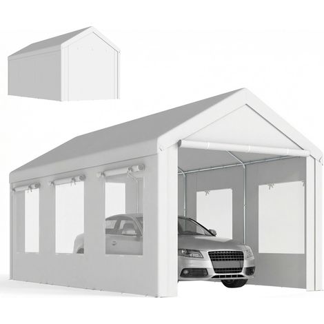 Abri de Voiture Tente de Garage Protection UV30+ Hauteur Réglable 6 Fenêtres et Moustiquaire 3x6m Blanc (1/5)