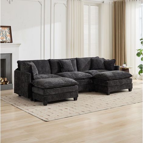 Sofá modular recto de 3 plazas 289x75x84 cm de chenilla negra FloraGrace (1/5)