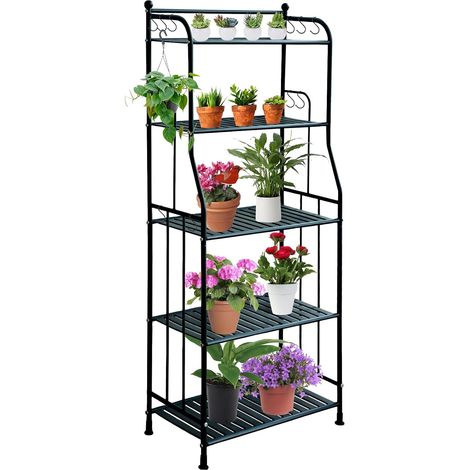 Support Plantes Intérieur, Pot de Fleur Étagère de Rangement avec 10 Crochets en Métal à 5 Niveaux, Fer Organisateur de Maison pour l'Extérieure, le Salon de Balcon de Jardin, Noir (1/5)