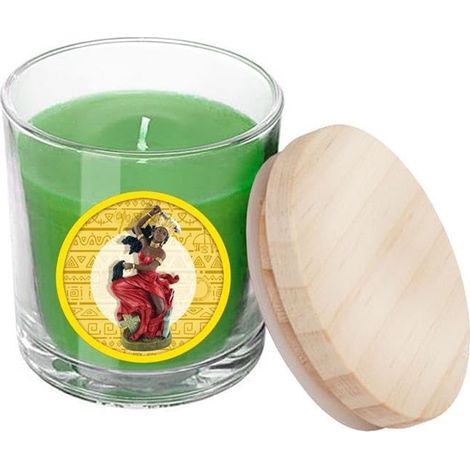 Bougie verte en verre avec couvercle dans une boîte avec histoire 7 x 7 x 8,5 cm