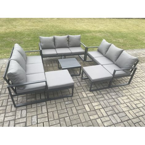 Fimous Aluminium Outdoor Garden Furniture Set Patio Lounge Sofa with Square Coffee Table 2 Big Footstools Conservatory Set Dark Grey (1/5)