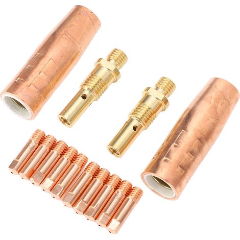 Lot 14 accessoires torche MIG Tweco Mini 100L K530 : 10 embouts électrodes 0.9mm, 2 buses gaz 13mm, 2 diffuseurs laiton cuivre (1/5)