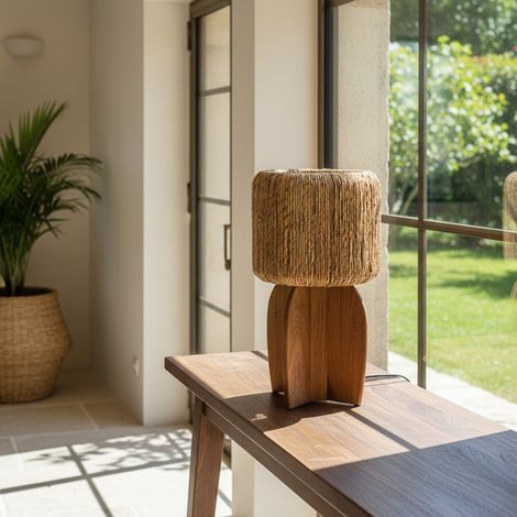 SIXTINE - Lampe 30x30cm en rotin couleur naturelle et bois de teck recyclé (1/5)