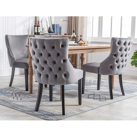 Set de 2 sillas de comedor en terciopelo gris, con respaldo acolchado y botón tapizado, patas de madera, anillo cromado y carga máxima 150 kg CHICFURN (1/5)