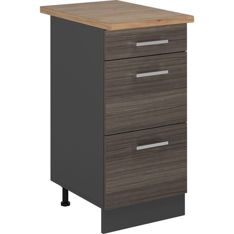 Küchenunterschrank R-Line, Edelgrau, 40 cm mit Schubladen, AP Eiche, Vicco