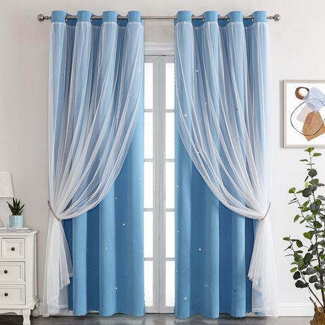 Cortinas opacas de encaje de doble capa, aptas para dormitorios, salas de estar y salones (juego de 2 piezas, 100x200 cm, azul). (1/5)