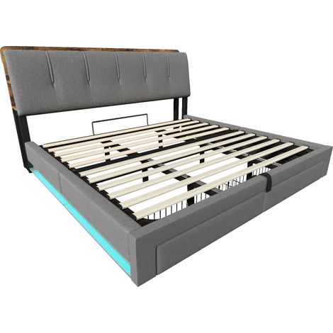 Cama tapizada 180x200 cm gris con LED, USB Tipo-C y almacenaje (1/5)
