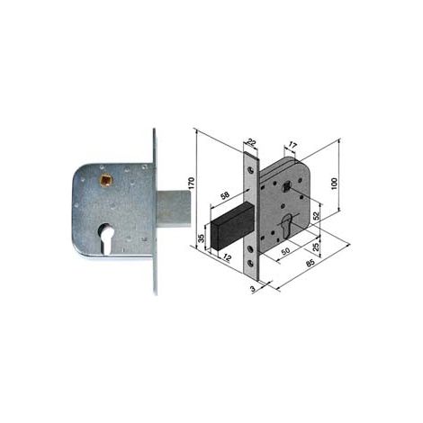 SERRATURA DA INFILARE PER CANCELLI CON QUADRO CATENACCIO E SCROCCO 070  mm.50 con catenaccio da mm.58 (07050000)    WELKA