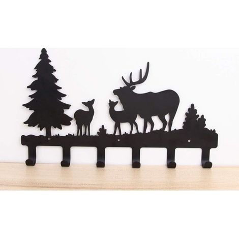Bardusch-Porte-manteau mural en métal avec 6 crochets - Motif cerf, arbre, forêt, élan, animal de dessin animé - (1/5)