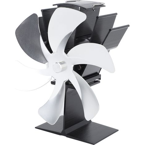 Ventilateur vertical pour poêle, 6 pales, ventilation thermique, circulation d'air rapide et chaude, poignée intégrée, couleur argent. (1/5)