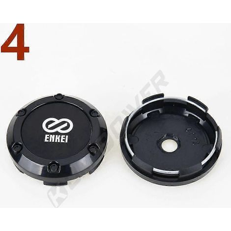 4 cache-moyeux sport Enkei avec logo, autocollant, argentés et noirs, diamètre extérieur 66 mm / diamètre intérieur 62 mm. (1/5)