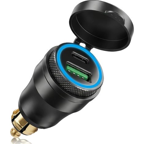 Chargeur USB Moto 12V-24V Aluminium Prise DIN Etanche avec Allume Cigare USB C 30W PD (1/5)
