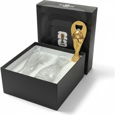 Official FIFA World Cup 2026 Edition - 17oz Shatterproof Trophy Pilsner Beer Glass Bottle Opener Gift Set - Set of 2 with 6-inch Magnetic Bottle Opener Beige