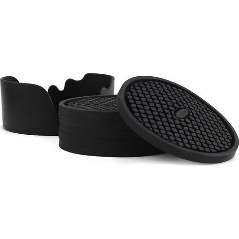 set De 6 Sous - Verres En Silicone Noir 10 Cm, Sous - Verres Boisson, Rainurs Profonds, Absorbants, Protge Les Meubles Des Dommages (1/5)