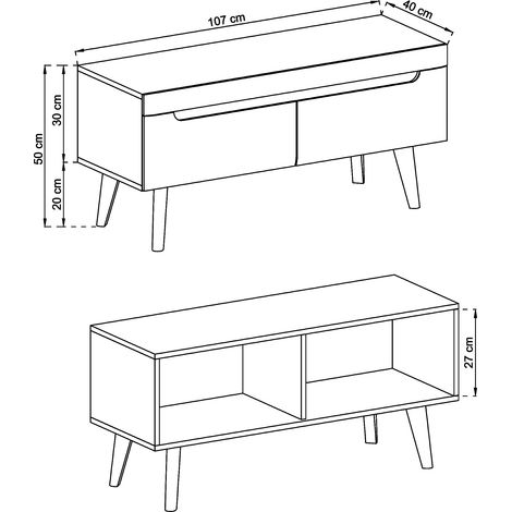Meuble TV SUDBURRY RTV107 - Blanc - Façade en haute brillance - 2 Tiroirs - Largeur 107 cm, Hauteur 50 cm, Profondeur 40 cm (1/3)