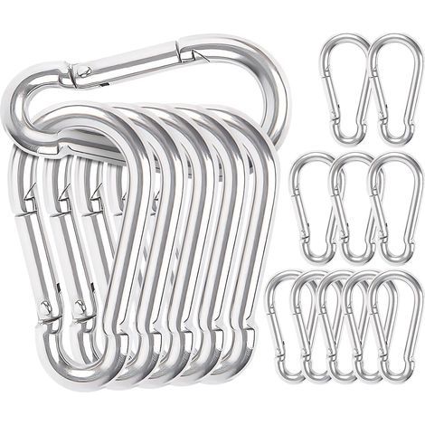 Packung mit 16 Karabinern, 6 x 60 mm, Stahlkarabiner, Schlüsselkarabiner, für Hängematten, Federkarabiner, M6, Camping-, Angel-, Schaukel- und Wanderzubehör (Silber) (1/5)