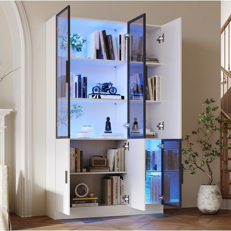 Vitrine aus Spanplatte und gehärtetem Glas 120 x 35 x 200 cm mit LED, weiß HAVRYA (1/5)