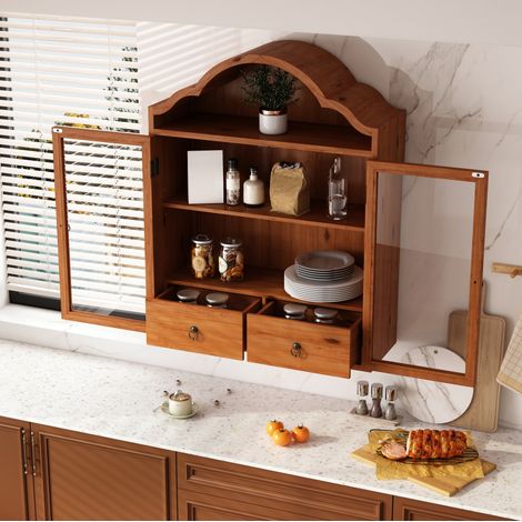 Pensile da parete 60x22x76.5 cm con ripiani regolabili e cassetti, legno massello e vetro temperato, marrone (1/5)