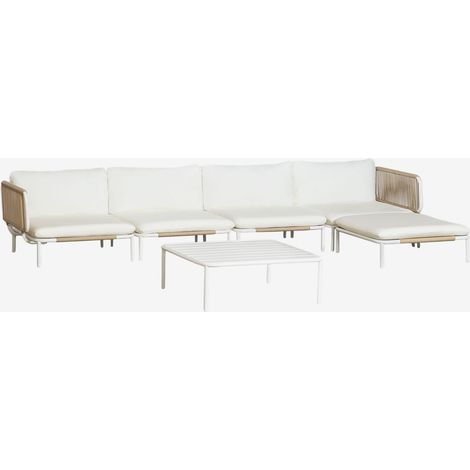 Conjunto de jardín con sofá modular esquinero de 4 piezas con mesa de centro y puff en acero Roubly SKLUM