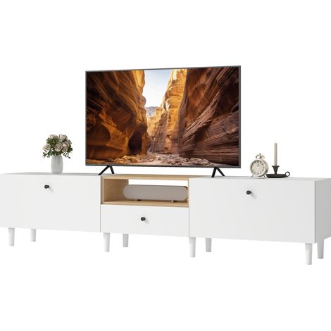 Meuble TV de 200 cm pour téléviseurs jusqu'à 90 pouces, 2 compartiments à abattants, 1 compartiment ouvert, 1 tiroir, 8 pieds, panneaux de particules, blanc