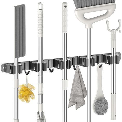 Accroche Balai Mural, Porte Balais Mural avec 5 Supports et 4 Crochets, Support Balais Mural sans Percage, Attache Balai Mural avec Vis, Range Balai Mural, Porte Outils de Jardin Mural, Noir (1/5)