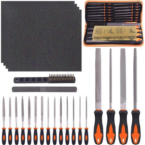 Lot de 25 limes métalliques à main comprenant 4 grandes limes plates, triangulaires, demi-rondes, 12 limes aiguilles, 1 pinceau, 4 papiers de verre et 4 râpes à bois pour façonner le métal