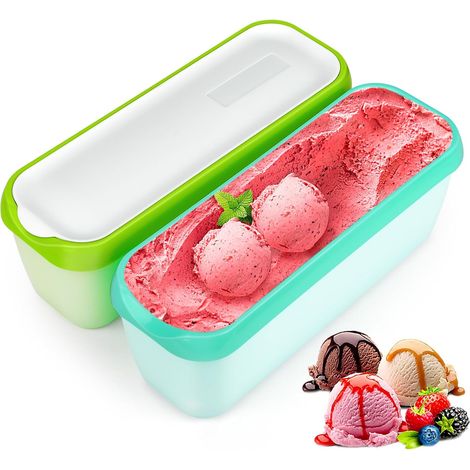 Lot de 2 bacs à glace pour crème glacée - 1,5 l - Réutilisables - Avec couvercle - Empilables - Pour yaourt (1/5)