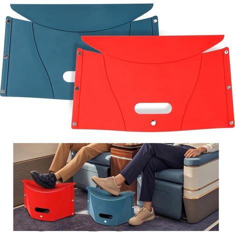 Lot de 2 tabourets pliants avec repose-pieds intégrés. Idéal pour les voyages en avion. Matière : polypropylène (PP). Ultra-fins et portables. Parfaits pour les longs vols. Coloris : rouge et bleu. Di (1/5)
