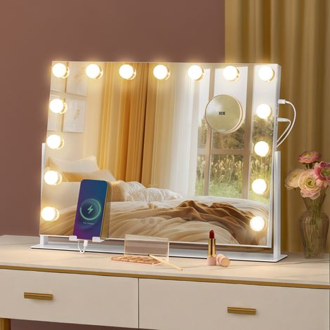 Songmics – Miroir grossissant 10x avec lumières LED – Contrôle tactile – 3 températures de couleur – Support de téléphone – 58 x 46 cm – Blanc mat