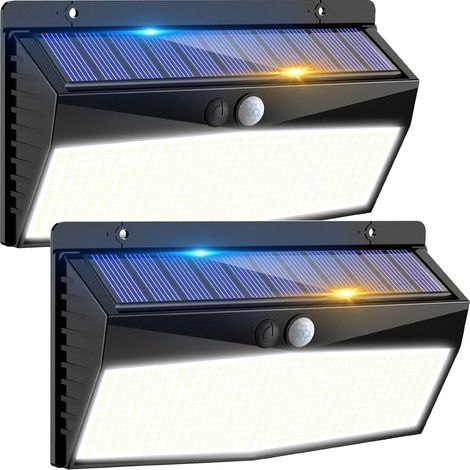 368LED Lampe Solaire Exterieur Detecteur de Mouvement, 3 Modes Spot Solaire, Étanche Lumiere LED Solaire Extérieur, éclairage pour Murale Jardin Outdoor Garage Cour Blanc Froid [Lot de 2] [Classe éner (1/5)